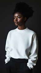 Obraz premium A striking portrait of a woman in a white sweatshirt against a dark background, showcasing beauty, confidence, and modern fashion style.