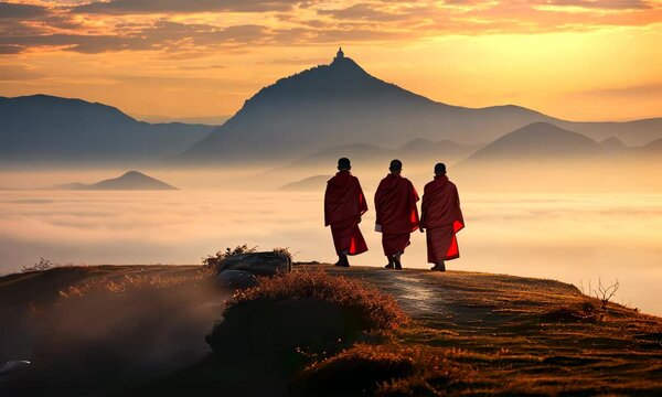Tibetan monks are walking in high mountains at sunset	
