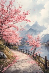 Cherry Blossom Lakeside Spring Landscape with Fishing Boat and Mountain View