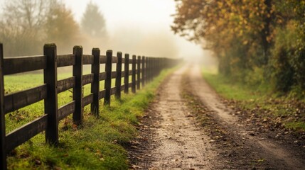 Serene Country Road in Autumn Fog with Wooden Fence and Landscape