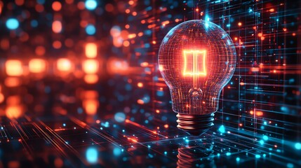 Abstract lightbulb circuit symbol on a digital futuristic background, glowing neon lines, modern technology concept, digital transformation, 3D rendering, innovation