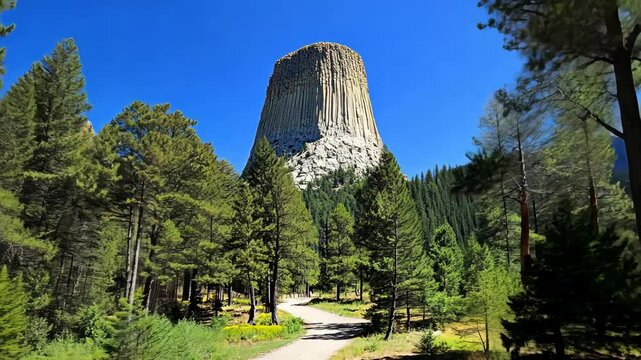Geological marvel showcases the striking profile of Devils Tower surrounded by lush forest