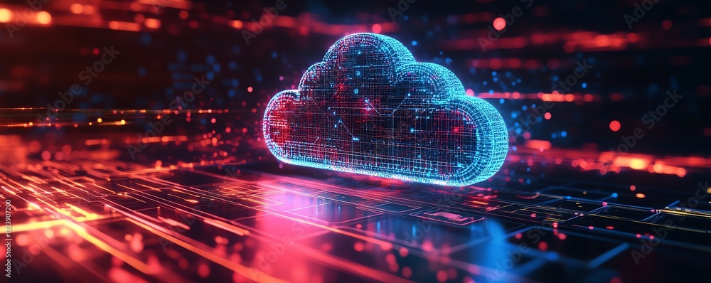 Poster cloud computing technology concept with data upload symbol on laptop screen, digital transformation,