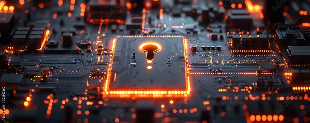 Poster cybersecurity concept with digital shield and keyhole on a glowing circuit board background, 3d rend