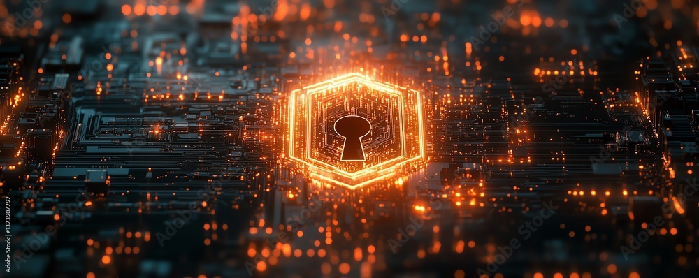 Poster cybersecurity concept with digital shield and keyhole on a glowing circuit board background, 3d rend