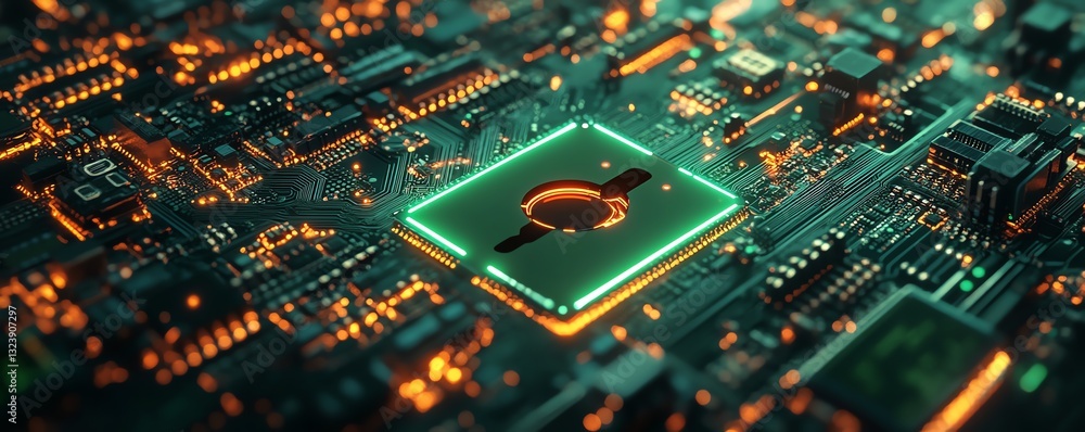Poster cybersecurity concept with digital shield and keyhole on a glowing circuit board background, 3d rend