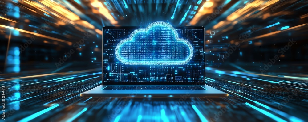 Poster digital data upload symbol on laptop screen with cloud computing technology concept, glowing icons, 
