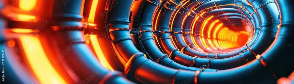 Poster surreal industrial concept with endless complexity in an illuminated pipe tunneling design