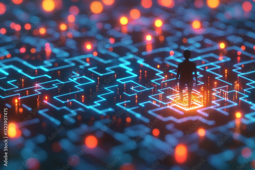 Poster a silhouette stands on an illuminated circuit board amidst a network of glowing neon, representing t