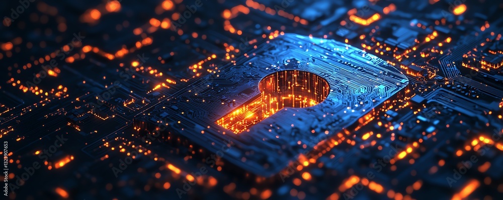 Poster digital shield with keyhole and glowing circuit board background, 3d visualization, cyber protection