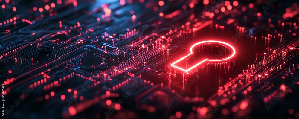 Poster digital shield with keyhole and glowing circuit board background, 3d visualization, cyber protection