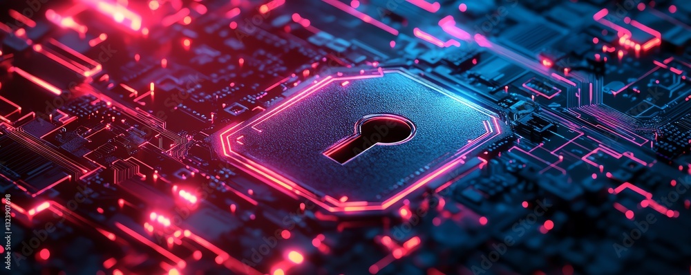 Poster digital shield with keyhole and glowing circuit board background, 3d visualization, cyber protection