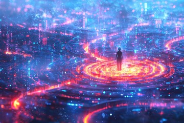 Fototapeta premium A person stands amidst a vibrant, futuristic cityscape pulsating with glowing energy, creating a digital, immersive experience and technological innovation.