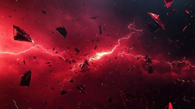Dramatic abstract background of stormy skies with lightning and shattered glass for a cinematic experience in vibrant red and black tones