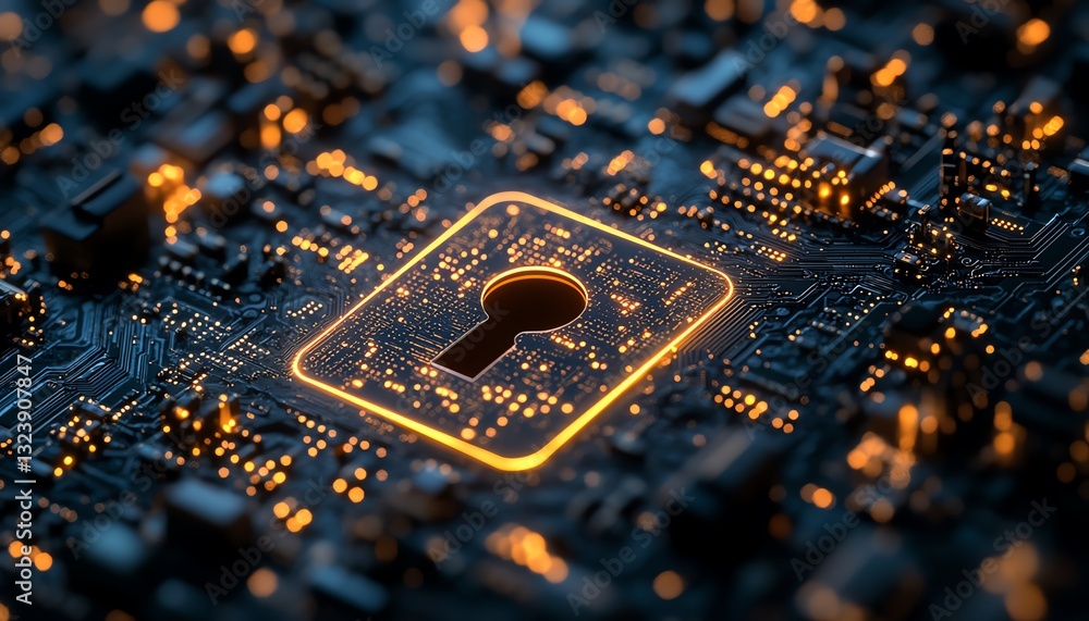 Poster digital shield with keyhole on a glowing circuit board background, cyber protection, modern technolo