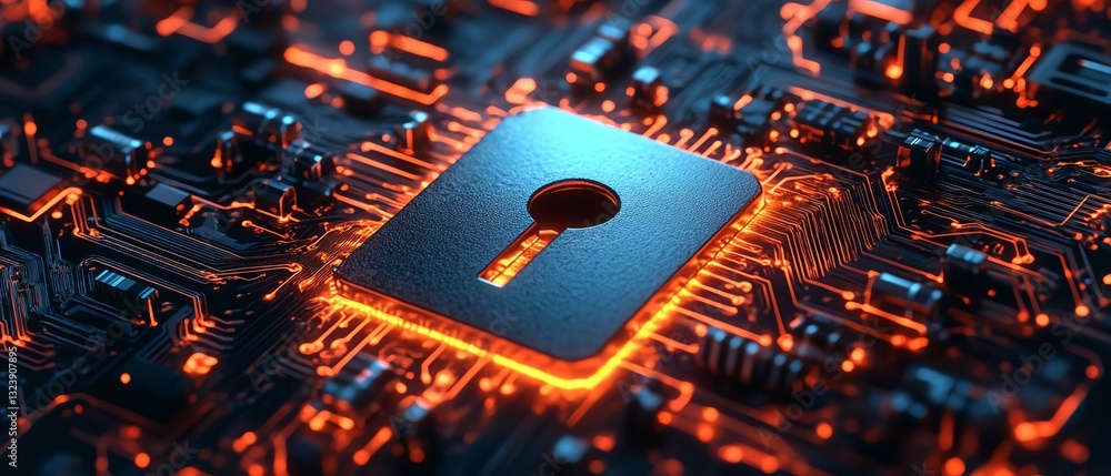 Poster digital shield with keyhole on a glowing circuit board background, cyber protection, modern technolo
