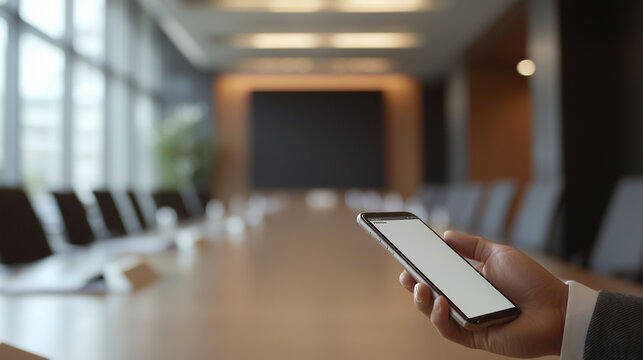 A reminder notification from a phone in a blurred boardroom setting - Powered by Adobe