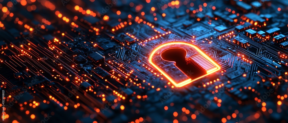Poster digital shield with keyhole on a glowing circuit board background, cyber protection, modern technolo