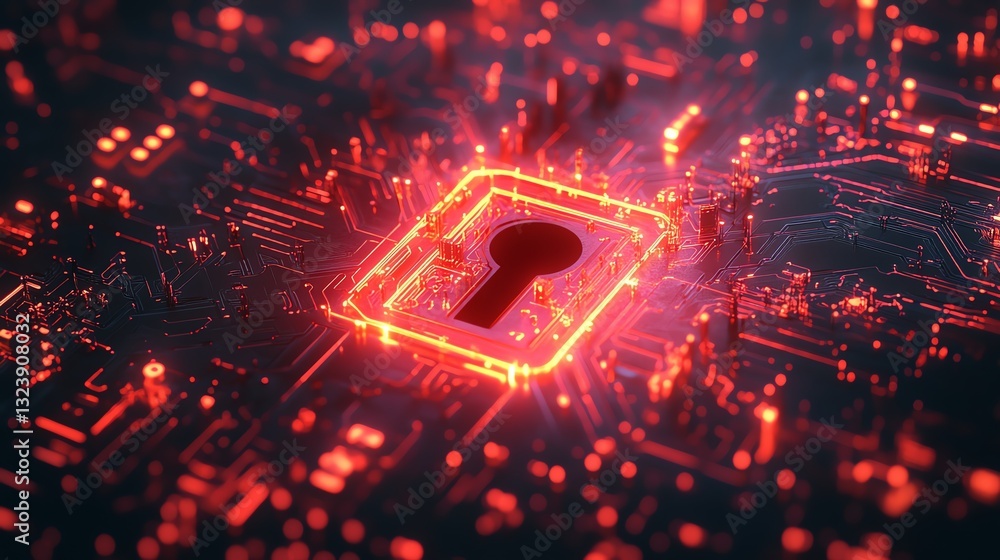 Fototapete digital shield with keyhole on a circuit board background, glowing neon elements, cybersecurity conc