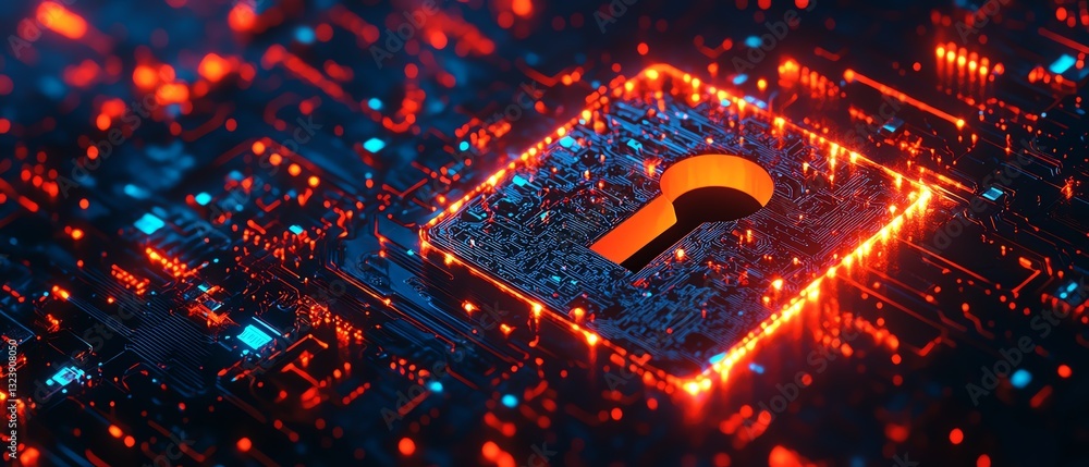 Poster digital shield with keyhole on a glowing circuit board background, cyber protection, modern technolo