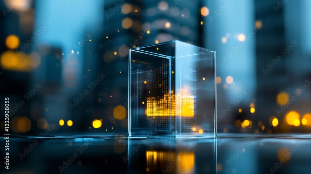 Poster transparent cube with glowing data visualization amidst an urban backdrop, symbolizing technology an