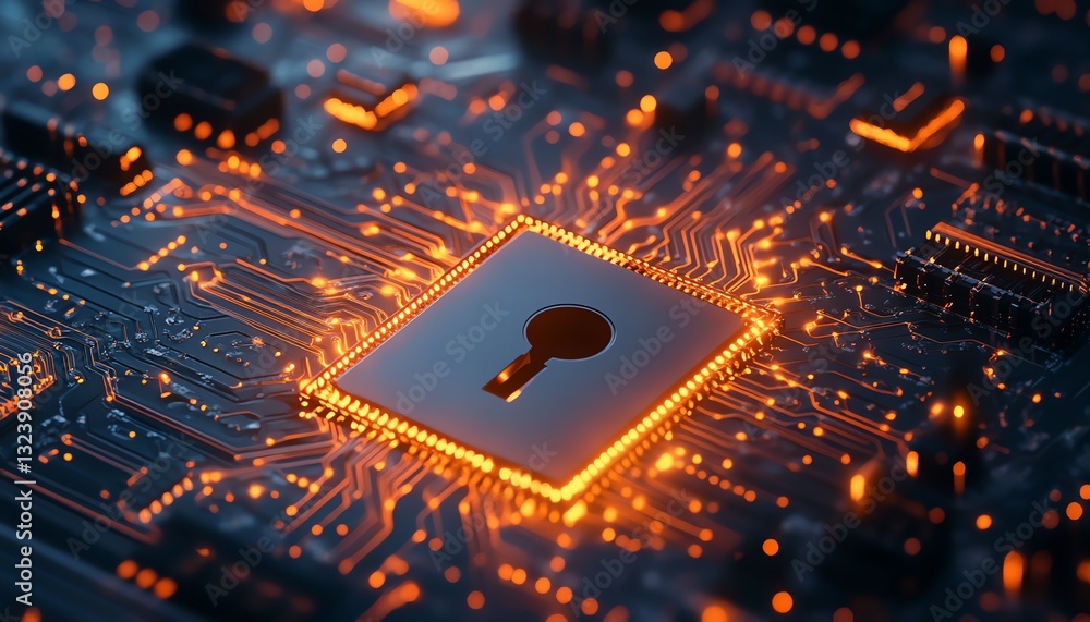 Poster digital shield with keyhole on a glowing circuit board background, cyber protection, modern technolo