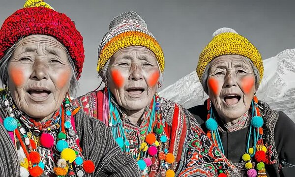 Native people of North, Evenks old woman in festive clothes are singing 