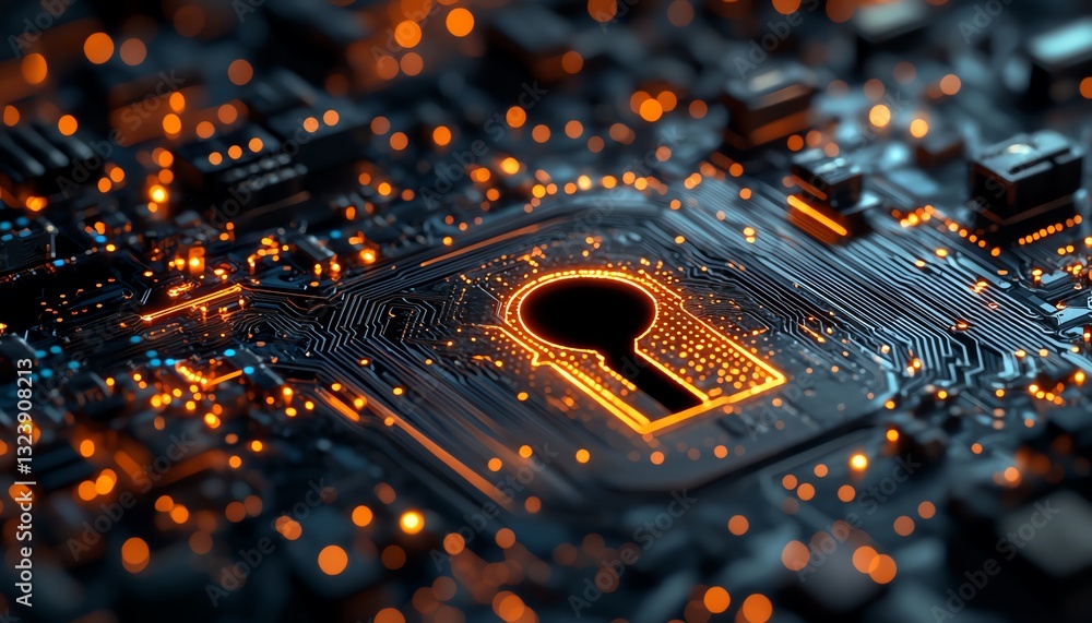 Poster digital shield with keyhole on a glowing circuit board background, cyber protection, modern technolo