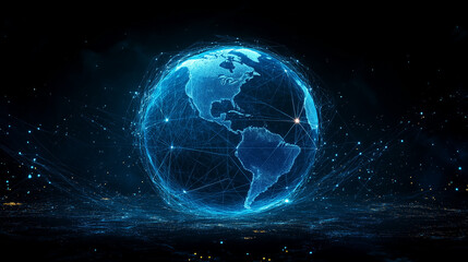 Obraz premium Abstract 3D globe with glowing connection lines, symbolizing global connectivity and digital networks.