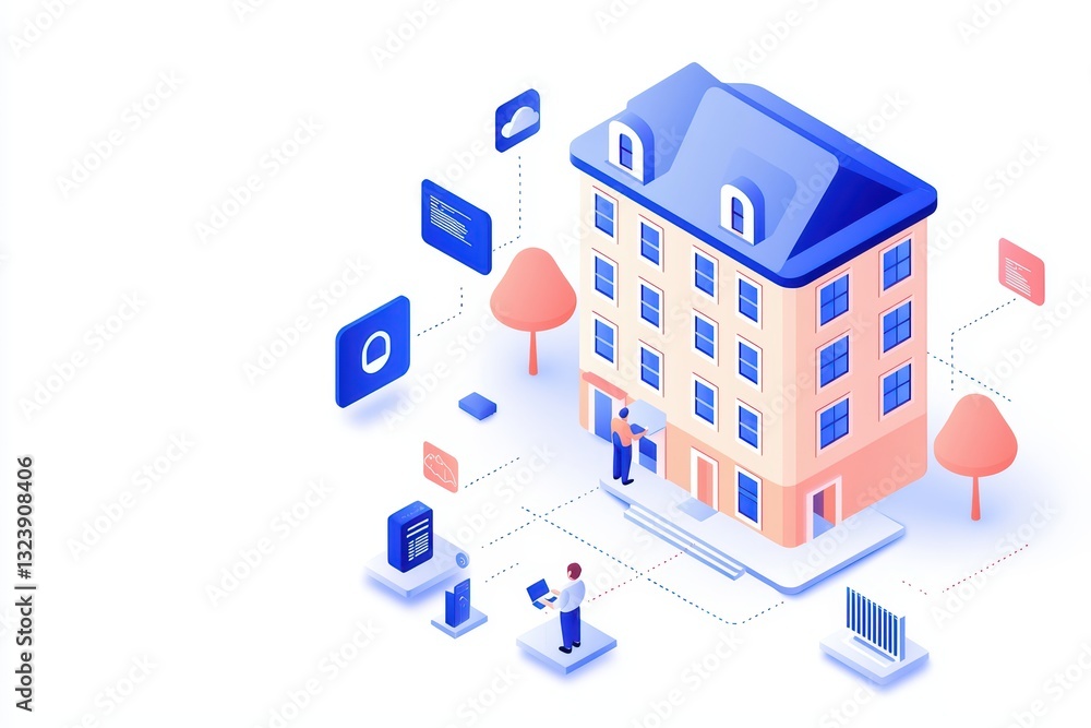 Poster immersive digital workspace concept with virtual office environment and modern building design