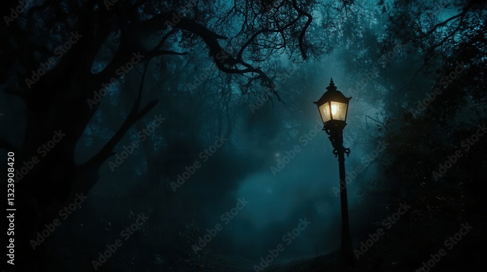 Poster Eerie mist envelops dark forest with twisted trees and a glowing street lamp illuminating the path ahead