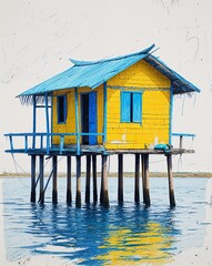 Bright yellow and blue fishing hut built on stilts over the water building design in sketch hand drawing color on plain white background