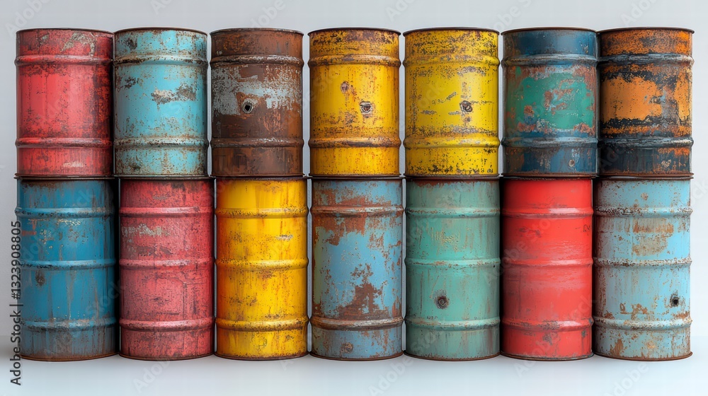 Poster rusting barrels of colors:a vibrant composition of aged barrels in a stunning array of colors, exhib