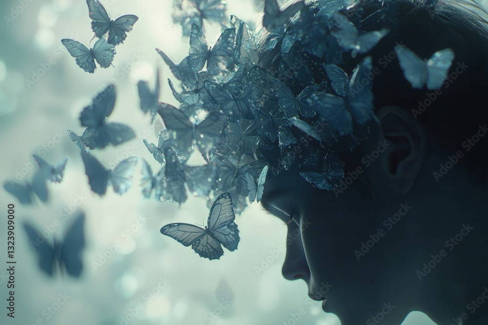 Poster a close-up profile of a pensive person adorned with ethereal butterflies, creating a mesmerizing and