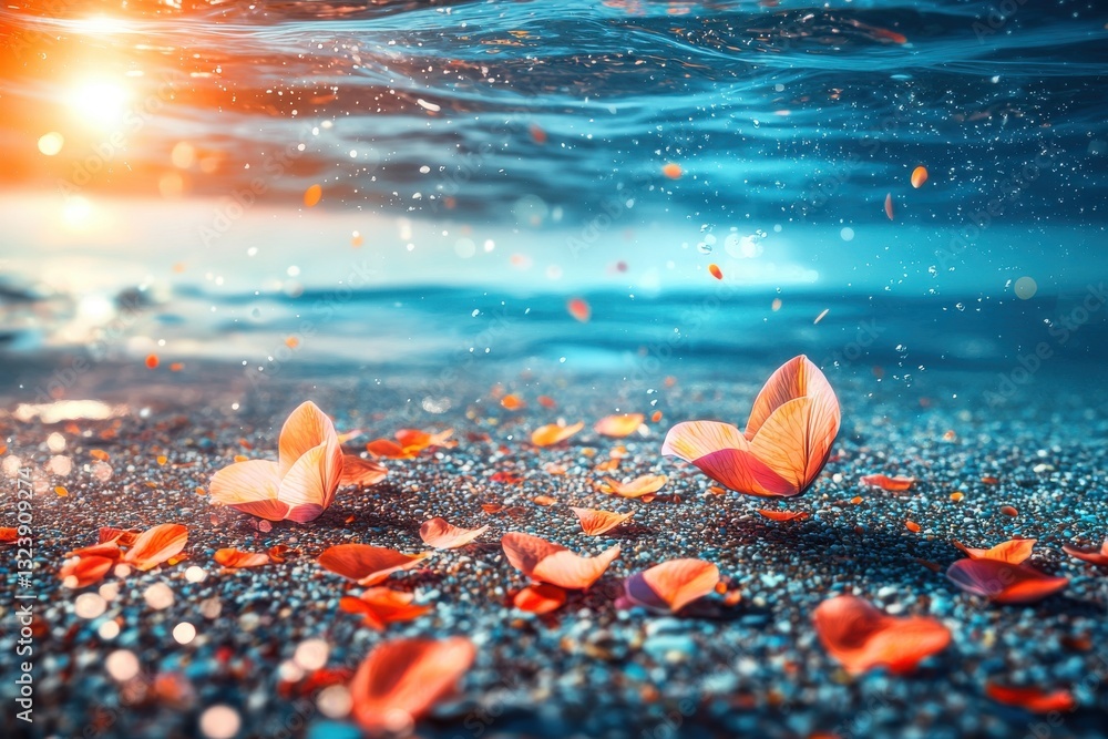 Poster a mesmerizing underwater scene featuring scattered flower petals floating gently, illuminated by sun