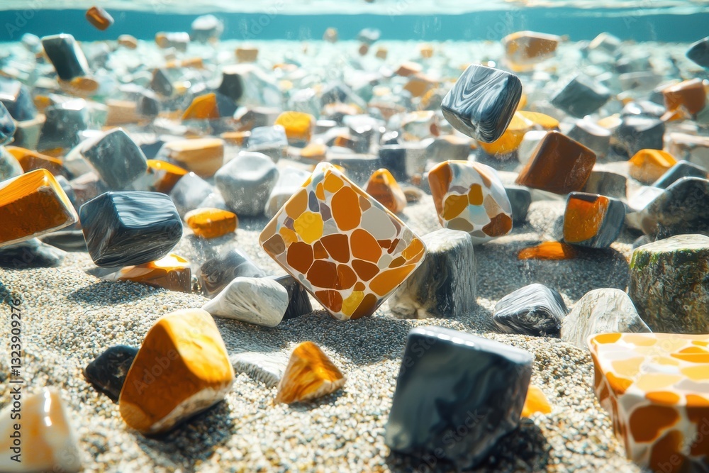 Poster an underwater scene with colorful pebbles and tiles scattered on the sandy bottom, creating a playfu