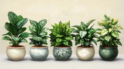 Obraz premium Five potted houseplants in decorative pots on a neutral background.