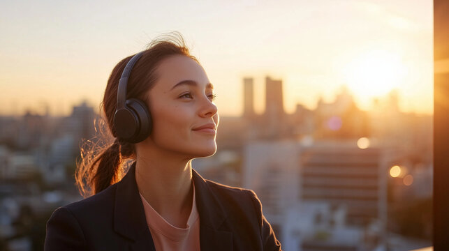 Woman managing a virtual meeting on a rooftop during sunset