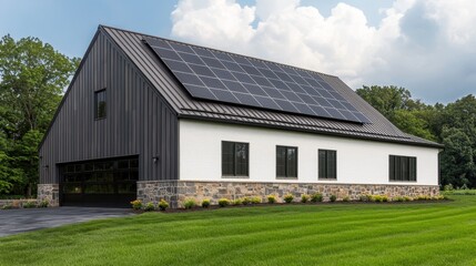 Obraz premium Modern barn style house with solar panels on the roof. Sustainable living and renewable energy concept.