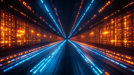 Fototapeta premium Futuristic Data Stream Tunnel Abstract Digital Technology Background with Glowing Orange and Blue