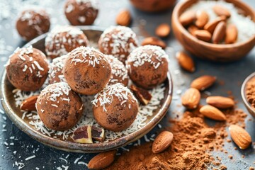 Coconut almond bliss balls on rustic plate. Artificial intelligence image