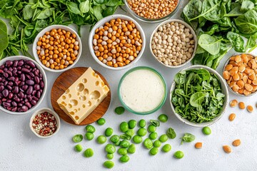 A colorful selection of fresh, healthy plant-based protein sources, offering a variety of textures and flavors, arranged for a nutritious and balanced diet concept.