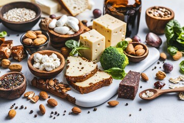 Variety of cheeses, nuts, and vegetables arranged aesthetically on a white surface to showcase diverse culinary options and promote a healthy balanced diet.