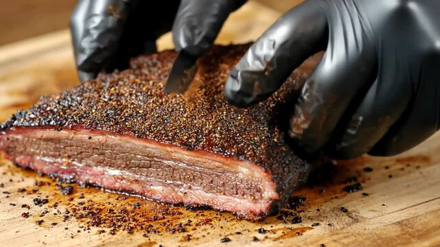 Chef slicing a delicious, smoked beef brisket on a wooden board for ultimate enjoyment