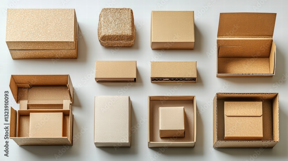 Poster diverse box array: an overhead shot presents an assortment of diverse, open and closed, cardboard bo