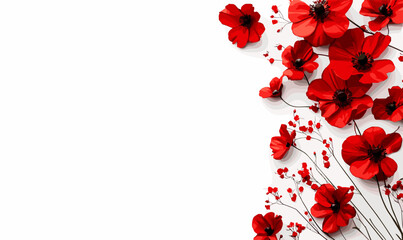 Red poppy flowers with stems on white background, nature and floral icons set, flat vector.