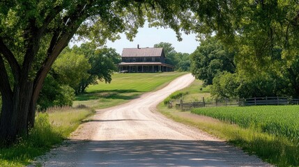 Serene Countryside Driveway Leading to Farm House