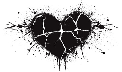Grunge cracked heart with paint splatter in black and white - vector, flat icons set.