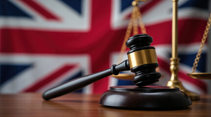 Legal justice system symbolized by gavel, scales, and UK flag
