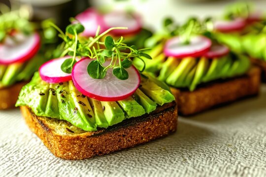 Delicious avocado toast with radish and microgreens, showcasing a healthy and vibrant breakfast option, perfect for food photography and recipe inspiration.